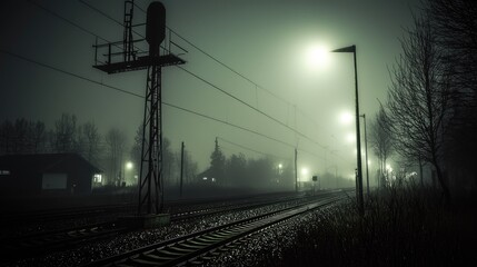 A misty railway station at night, shrouded in fog.