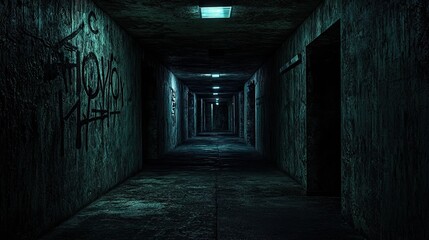 A long, shadowy corridor with graffiti and faint lights.