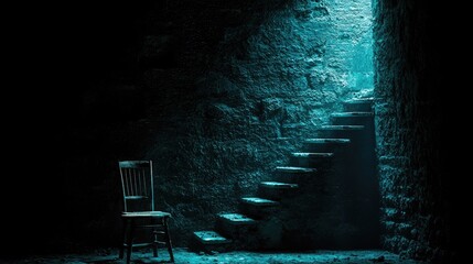 An antique chair sits in a dimly lit, stone cellar, with stairs leading upward to an unseen light source.