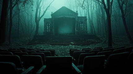 A desolate, abandoned theater in a misty, spooky forest.