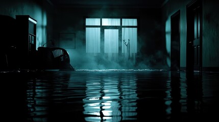 A flooded interior space at night, evoking a sense of dread and mystery.