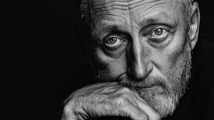A close-up black and white portrait of a contemplative older man.