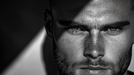 Fototapeta premium A close-up grayscale portrait of a man with a determined expression.