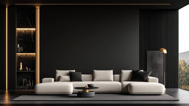 A modern, minimalist living room design with warm beige tones and dark accents.