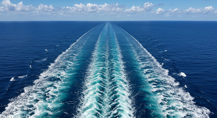 Aerial view of ocean with ship wake trailing behind under a partly cloudy blue sky on a sunny day