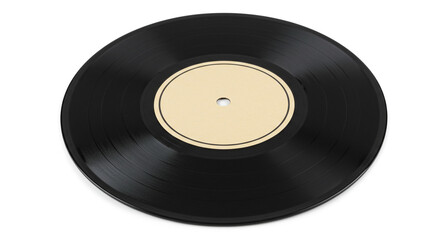 Obraz premium A vinyl record with a tan label in the center on a white background in a studio shot for music lovers