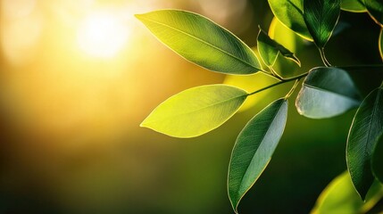 Lush green leaves bathed in golden sunlight.