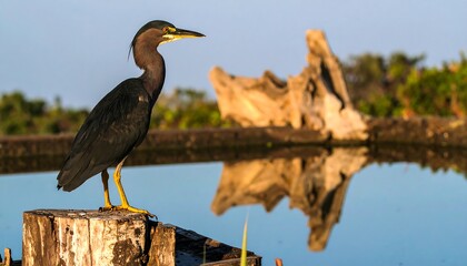 A dark heron stands sentinel on a weathered wooden stump, its reflection mirroring the serene water's edge.