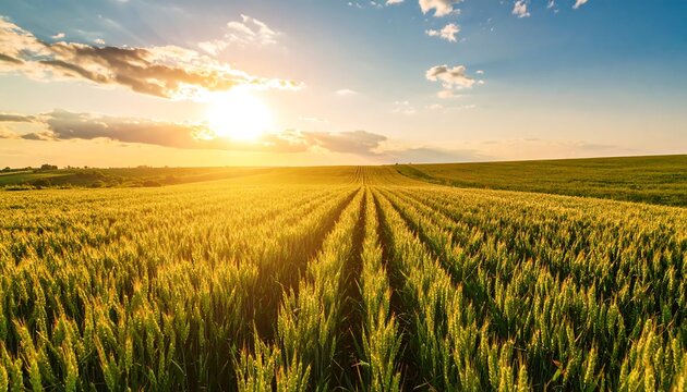 A vast expanse of golden wheat fields stretches towards a vibrant sunset, showcasing the beauty of nature's bounty.