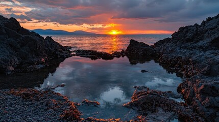Fototapeta premium Dramatic sunset over a rocky coastline reflecting in a tranquil tide pool.