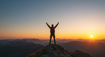 Silhouette of a person on a mountain peak with arms raised against a vibrant sunset background scene