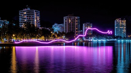 Fototapeta premium A vibrant purple light installation reflecting on the water at night in a coastal city.