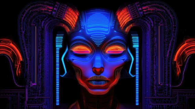 Neon-lit cybernetic face with intricate detail.