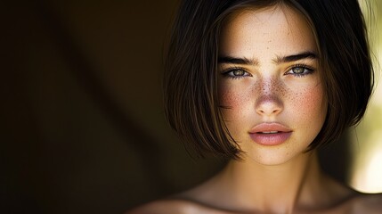 A close-up portrait of a young woman with freckles and a determined gaze.