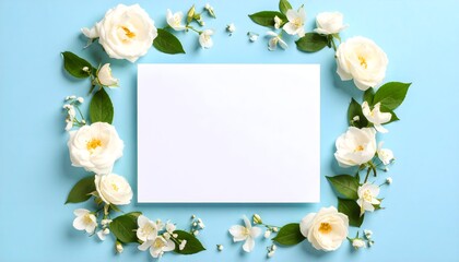 Top view of decorative floral frame on clean pastel background