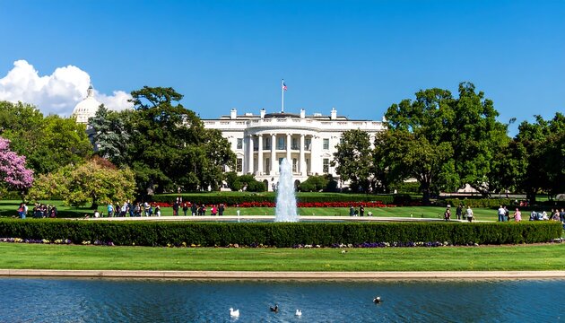 Expansive, bright, and serene view of the White House grounds featuring a fountain, lush greenery, and a placid reflecting pool.