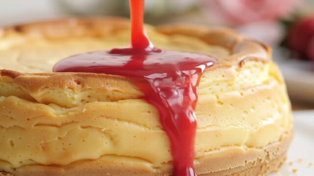 Close up of a cheesecake with red sauce being poured on top of it in a kitchen setting