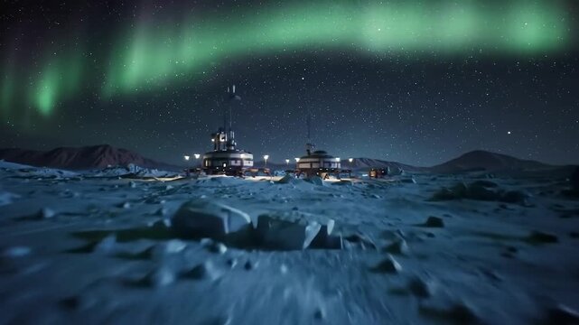 icy frontier planet with aurora skies and futuristic outpost lights, atmospheric mood