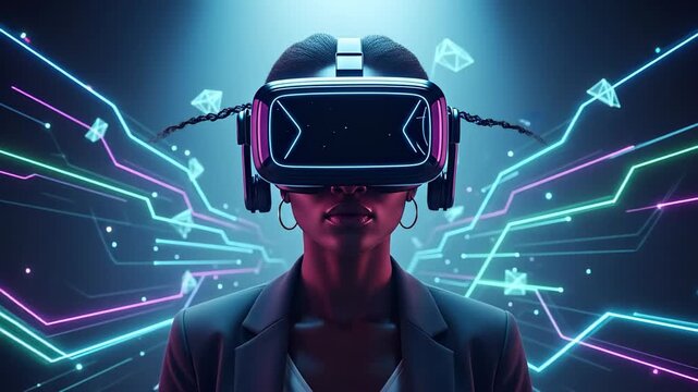 Woman in VR headset navigates a world of neon circuits and floating polygons, embodying future