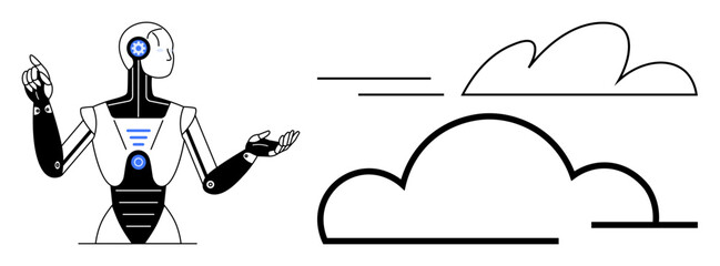 Humanoid robot gesturing toward digital cloud icons, symbolizing AI, innovation, connectivity, technology, and future computing. Ideal for automation, data, innovation AI cloud computing tech
