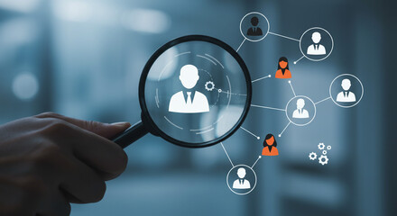 A hand holding a magnifying glass focusing on a person icon within a network of connected profiles