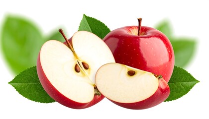 Freshly cut red apples with vibrant green leaves against a white background display a healthy and appetizing scene.