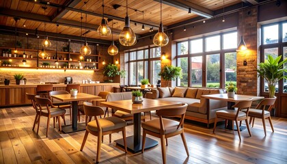 Warm and cozy cafe interior with wooden furniture