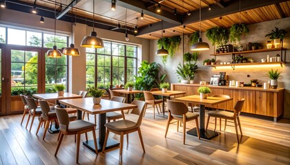 Warm and cozy cafe interior with wooden furniture