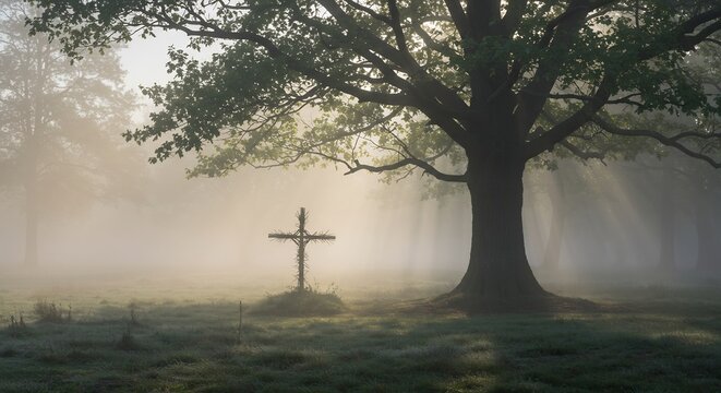 A cross stands in a misty meadow next to a large tree Rays of light shine through - Powered by Adobe