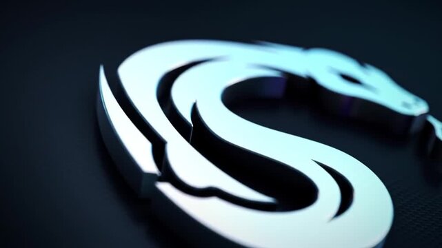 Sleek 3D Chrome Snake Logo on Dark Blue Carbon Fiber Background with Abstract Art.