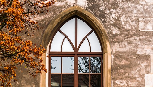 A weathered stone wall features an arched window with warm autumnal tones, highlighting the intricate design and the peaceful atmosphere. - Powered by Adobe