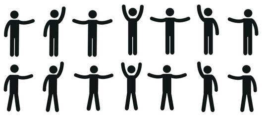 
A human figure with various poses and gestures, a set of icons. An icon of a human silhouette waving its arms. Highlighted on a white background.