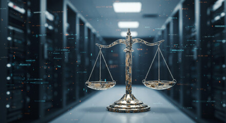 Scale of justice in data center representing digital law and ethical considerations in technology field