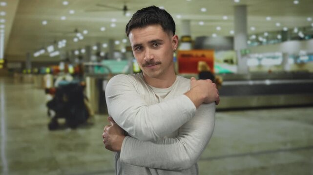 Young hispanic man wearing gray shirt embraces himself in busy indoor airport terminal, highlighting themes of travel and self-reflection amidst bustling surroundings.