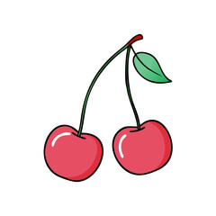 Two stylized cherries with a leaf and stems, cartoon style illustration