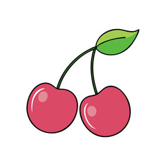 A colorful cartoon illustration featuring a pair of bright red cherries