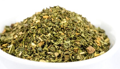Pile of dried mixed herbs with vibrant colors on a white background