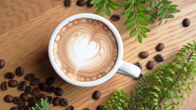 Delightful coffee cup featuring a heart-shaped latte art, surrounded by coffee beans and fresh greenery, creating a cozy, aesthetic, and inviting still life scene for a morning or afternoon treat