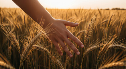 A close-up shot of a hand running through a golden wheat field at sunset, a sensory and emotional image of freedom, peace, and connection to nature.