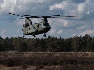 Chinook helicopter flying at low altitude over field with forest treeline in background