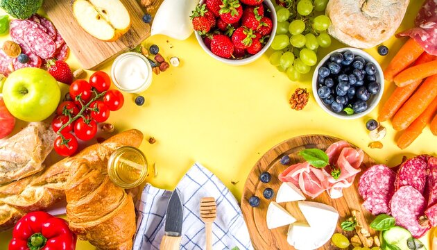 A vibrant array of fresh fruits, vegetables, cheeses, cured meats, and breads arranged on a bright yellow surface, creating a colorful and appetizing presentation of a gourmet food spread.