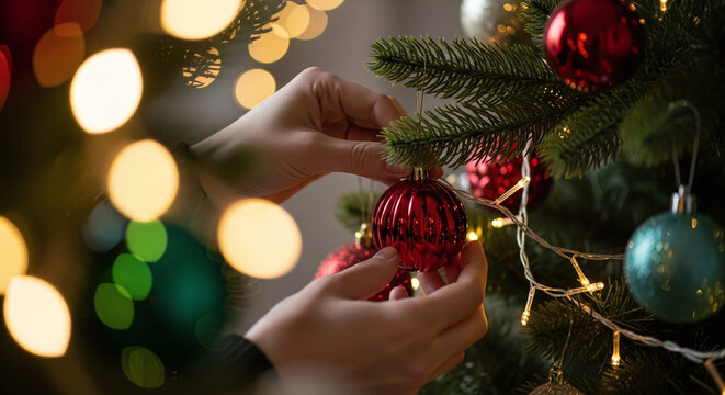 Person decorating a christmas tree with red and blue ornaments and string lights at home indoors