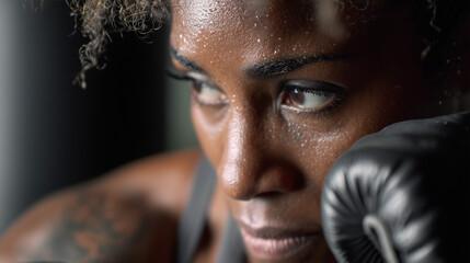 Determined african female boxer preparing for match with intense focus and sweat in training gym - concept of fitness studios, athletic apparel brands, personal training services
