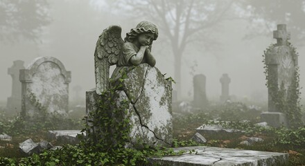 A stone angel statue rests atop a cracked tombstone in a foggy cemetery Overgrown with ivy other tombstones fade into the mist