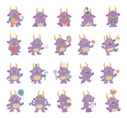 Monster horned character set in scandinavian style, creature with different emotions and poses holding objects and accessories, perfect for your illustration and creative designs projects
