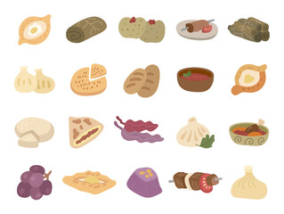 Food georgian set in scandinavian style featuring traditional dishes including khachapuri khinkali dolma shashlik pkhali kharcho churchkhela and other authentic cuisine for your projects