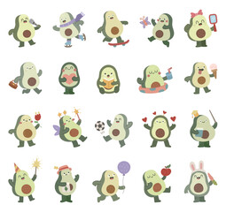 Obraz premium Avocado adorable character set in scandinavian style showing many emotions and different poses including music, sports, reading, studying, birthday, valentine and magic activities