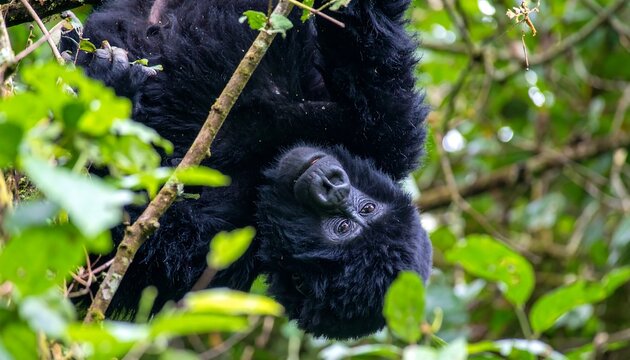 A young gorilla, hanging upside down, gazes intently amidst lush green foliage, showcasing a moment of wild nature.
