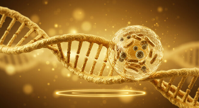Golden dna strand with a cell containing bacteria and a glowing circle on a blurred background