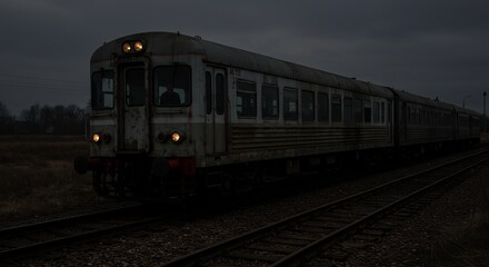 Naklejka premium A weathered train sits on tracks at dusk The headlights are lit The sky is cloudy